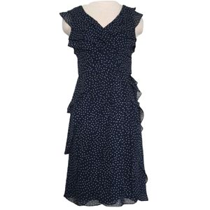 Adrianna Papell Navy Polka Dot Ruffle Dress Sz 10